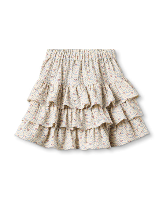 Sand-coloured tiered ruffle skirt with a small wave and heart print, shown flat