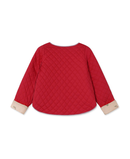 Back of the red quilted strawberry jacket, showing the beige turned-back cuffs