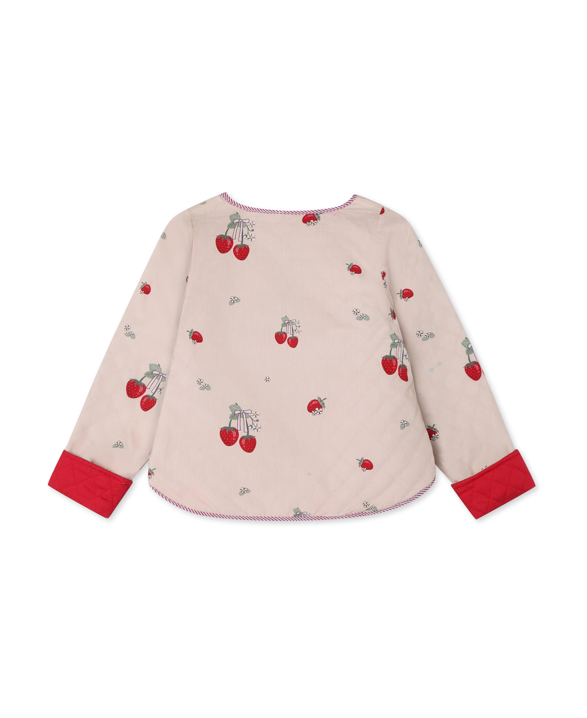 Back of the strawberry print side of the reversible jacket, with red turned-back cuffs