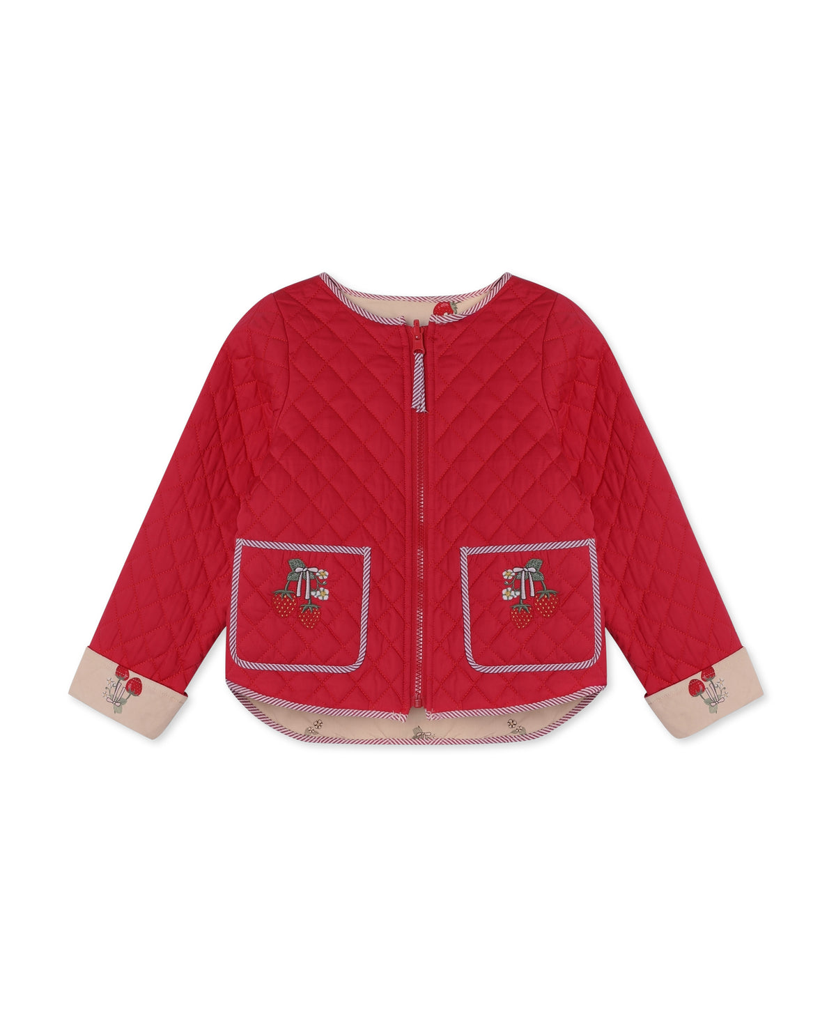 Red quilted reversible jacket with beige cuffs, a zip front and embroidered strawberry pockets, quilted side out