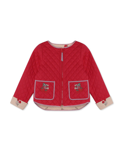 Red quilted reversible jacket with beige cuffs, a zip front and embroidered strawberry pockets, quilted side out