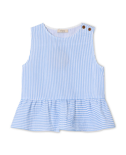 Blue and white striped sleeveless top with a peplum hem and wooden buttons at one shoulder, front view