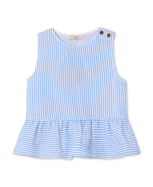 Blue and white striped sleeveless top with a peplum hem and wooden buttons at one shoulder, front view