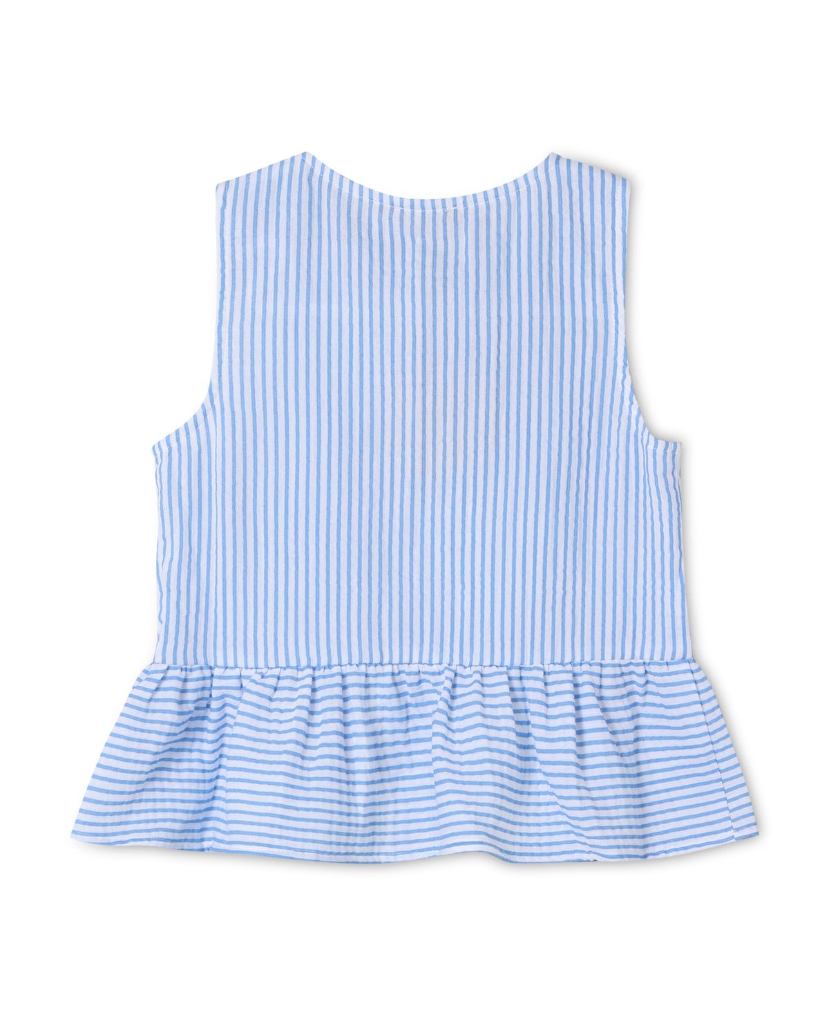 Back view of the blue and white striped sleeveless top, showing the gathered peplum hem